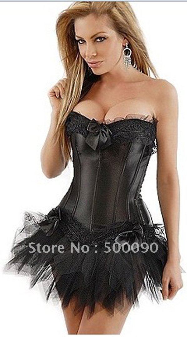 elegent corset Y5760 chapper bustier in satin and lace + skirt  ( size s-2xl )   lot (5 pcs), black in  satin  and  tutu
