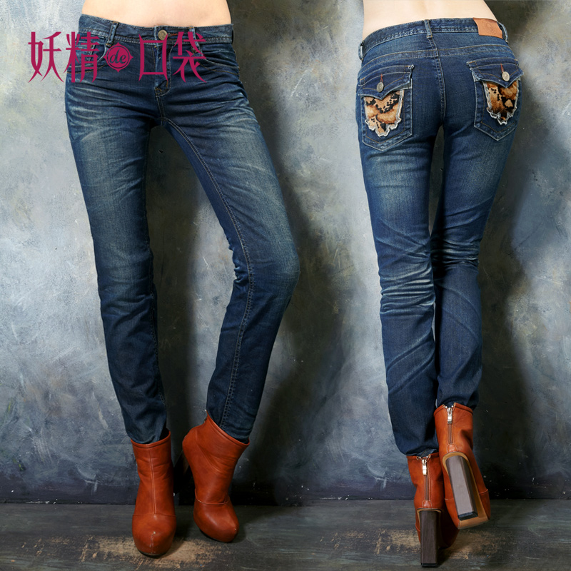 ELF SACK 2012 mid waist winter water wash straight jeans black vintage long women's Free Shipping