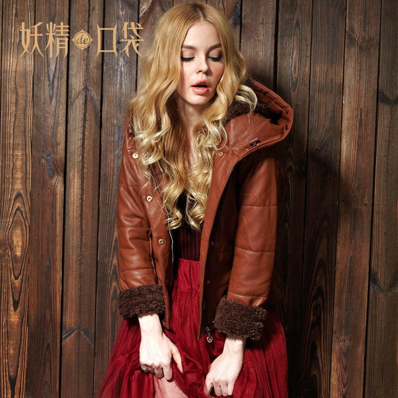 ELF SACK winter sweep laciness vintage leather wadded jacket