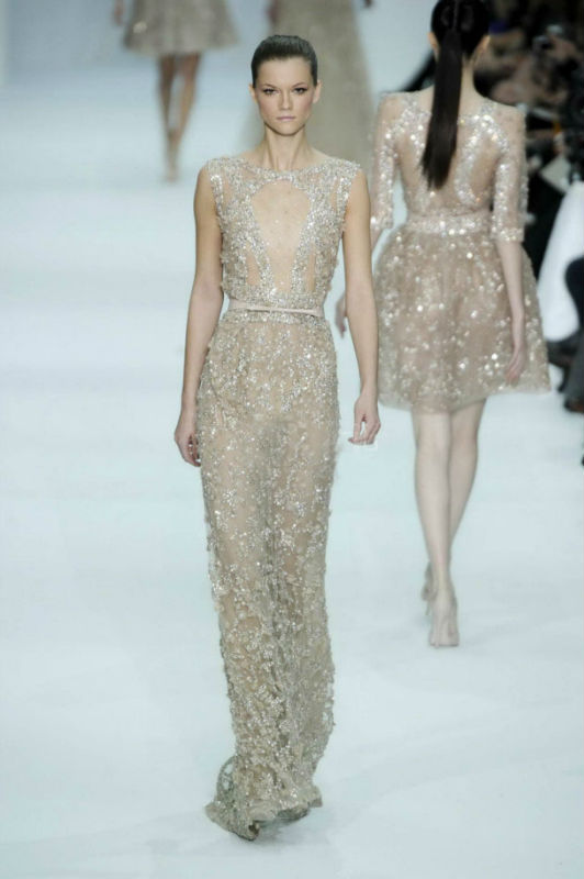 Elie Saab 2012 New Arrival Luxurious Nude color Floor length Court Flower Beads Bling  Gowns For Evening Custom-made L-39