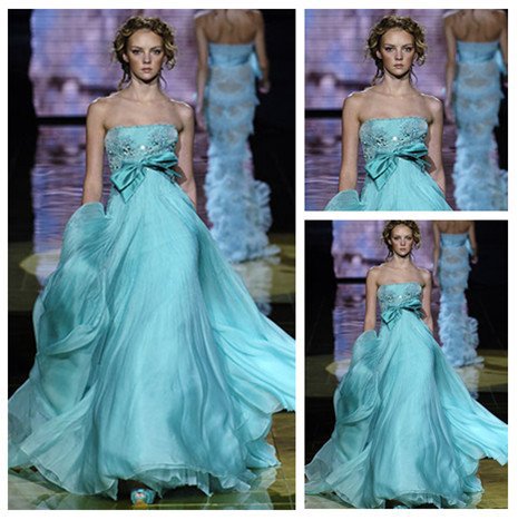 Elie Saab Beautiful Design Hot Sale Blue Evening Chiffon Long Dress Empire Design Custom Made 2013