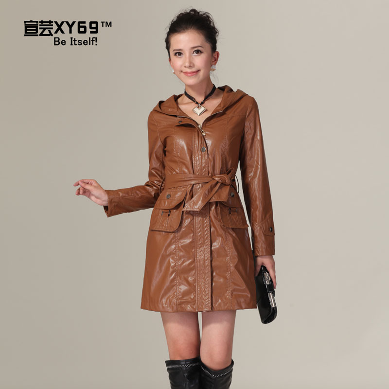 Elinsu high quality slim hooded zipper female long-sleeve PU trench autumn