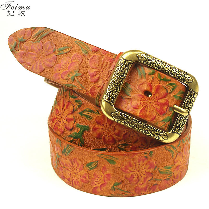 Embossed classical flower first layer of cowhide belt vintage women's broadened lengthen strap buckle pin buckle genuine leather