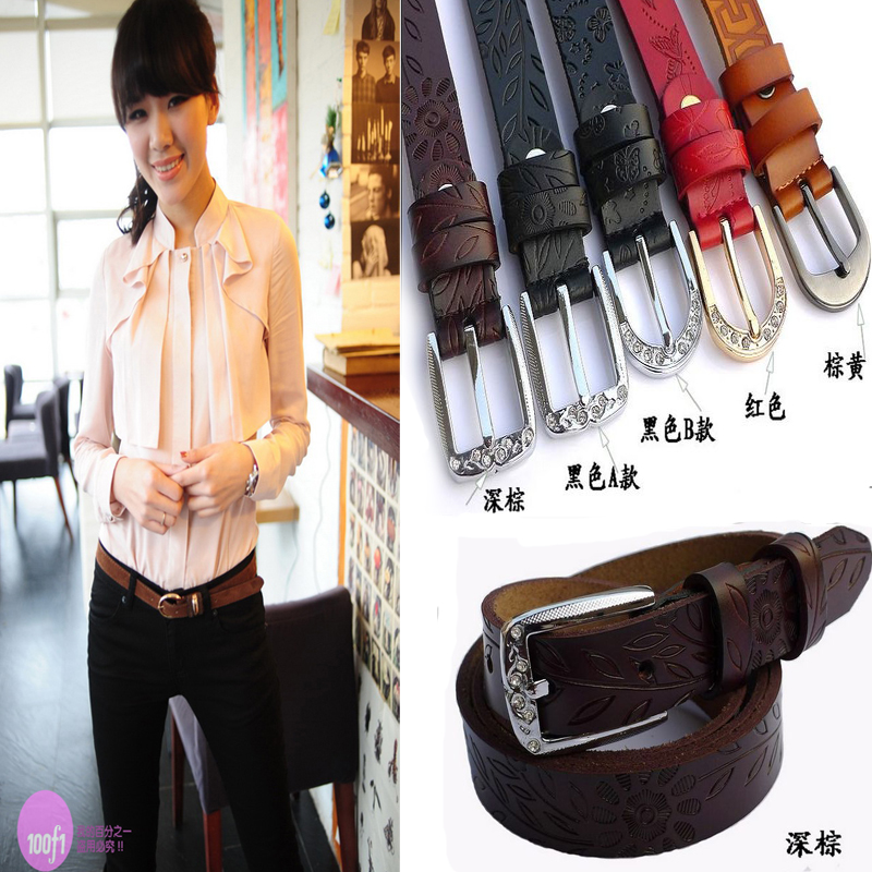 Embossed pin buckle genuine leather small strap multithread genuine leather thin belt all-match belt women's