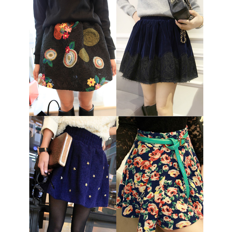 Embroidery leather skirt wool woolen PU plaid lace yarn five-pointed star flower bust skirt