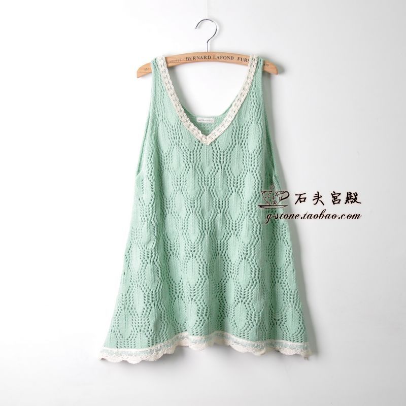 Eme sweet lace decoration V-neck cutout loose woven vest skirt