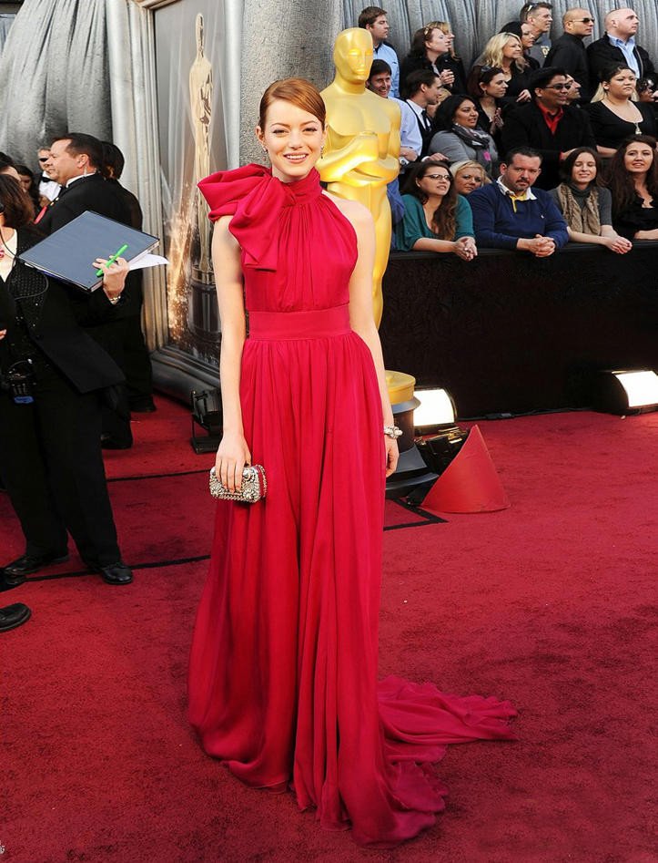 Emma Stone Red Dress at 2012 Oscar Red Carpet Halter with BowFree Shipping