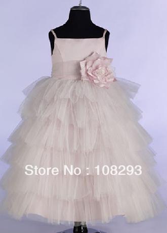 Empire Spaghetti Ankle Length Satin and Organza Handmade Flower Flower girl dresses Tiered Tulle ball gowns