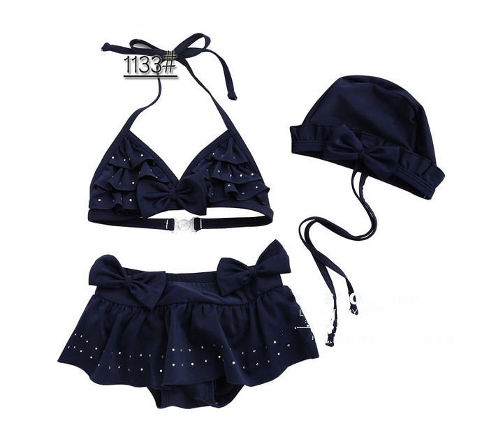 EMS/DHL 10 pcs/lot  free shipping rhinestone bow halter Ruffles kid baby girl bikini swimsuit beachwear swimwear Pink NavyBlue