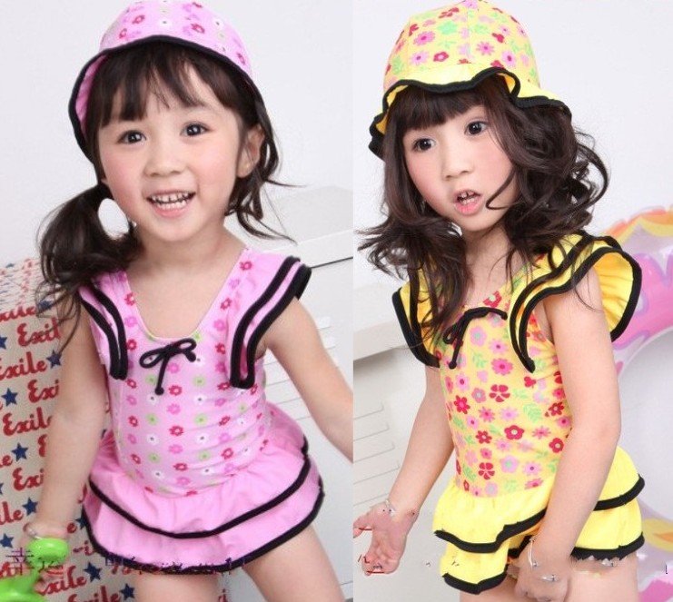 EMS/DHL Free shipping 10pcs/lot yellow/pink floral 1pc kid swimwear kids girl bathsuit ruffle + hat Hot High Quality Korea Style