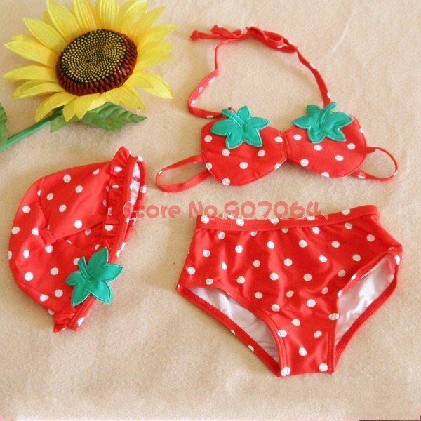 EMS/DHL Free shipping 5 pcs/lot cute red strawberry baby girls bikini swimwear with hat child swimsuit  beachwear polka dot 2-6T
