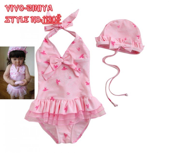 EMS/DHL Free shipping 5pcs/lot Pink Butterfly print Ruffle One Piece Lace kid swimsuit swimwear girl  with a swim hat 1-7 years