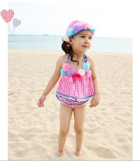 ems/dhl Free shipping blossom flower kid girl beachwear swim suit bikini check Korea Style 5 PCS /LOT