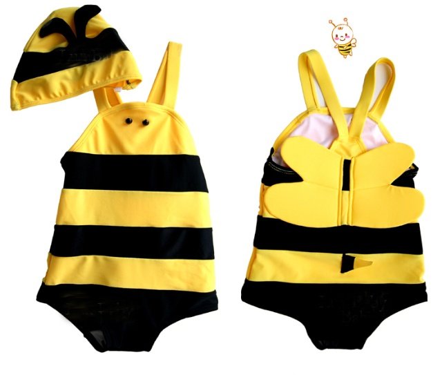 EMS/DHL free shipping Cute yellow bee kids baby boys girls beach wear swimsuit one pcs + swim hat swimsuits infant bathsuit