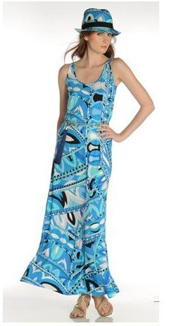 EMS/DHL Free Shipping Fashion 2012 Women Jersey Print Day Dress Ladies Maxi Dress Blue Dress