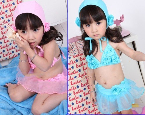 EMS/DHL Free Shipping Kid  baby girls bikini flowers shiny pink/blue swimsuit bathsuit beachwear  swimwear 10 Pc/lot 2012 NEW!!