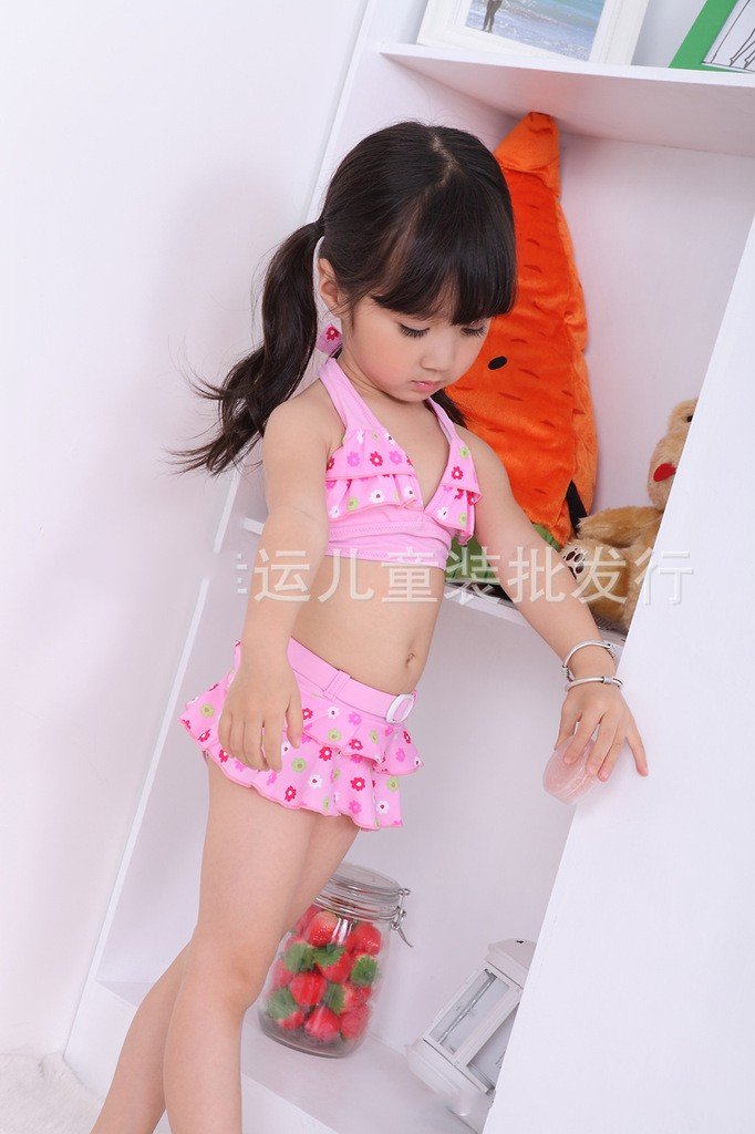 EMS/DHL Free Shipping Kid Swimsuit Pink Flowers Halter Two Piece baby girls little girls ruffled layers bathsuit beachwear