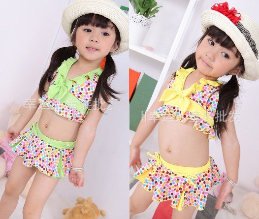 EMS/DHL Free Shipping Kid Swimsuit Two Piece baby girl little girl ruffled layers bathsuit beachwear Korea style Green/Yellow