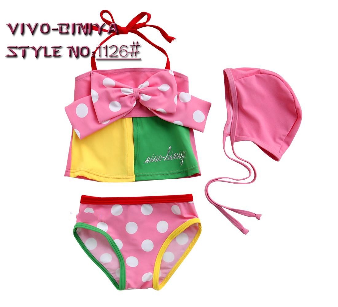 EMS/DHL Free Shipping Pink Kid Swimsuit Two Piece + hat little girl polka dot print bathsuit beachwear Korea style New