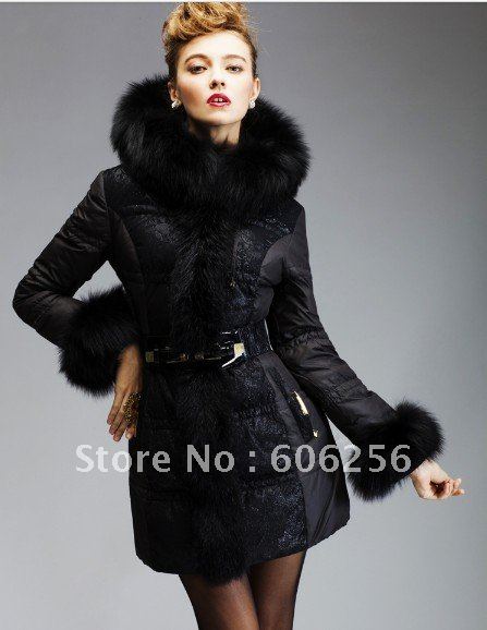 EMS free brand luxury 2012 new black lace design large real fox fur collar medium-long women down coat ,fashion down jacket