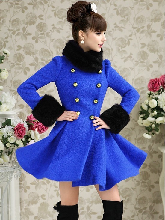 EMS Free shipping 2012  Blue Women's Winter Warm Fur Collar Double-Breasted Wool Jacket Trench Coat