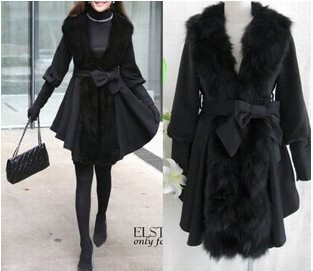 EMS free shipping 2012 spring and autumn quality fur coat fox fur black woolen overcoat trench wadded jacket