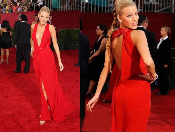 EMS Free Shipping Blake Lively Halter V-Neck Beaded Backless Chiffon Split Emmys Red Carpet Celebrity Dresses Evening Dress Gown