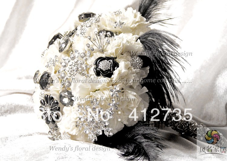 EMS Free Shipping,European popular white black feathers beadwork bride hand flowers/wedding bouquet photography props