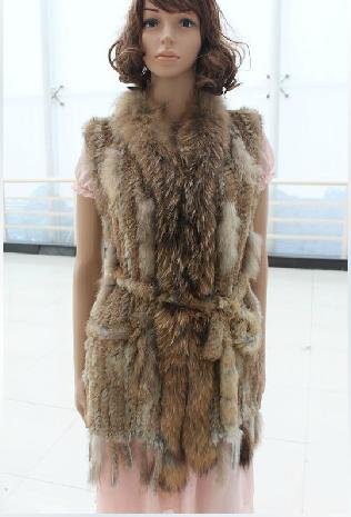 [EMS Free Shipping] Fashion Knitted Rabbit Fur Long Vest with Raccoon Trimming and Decoration Rabbit Gilet (PC-01)