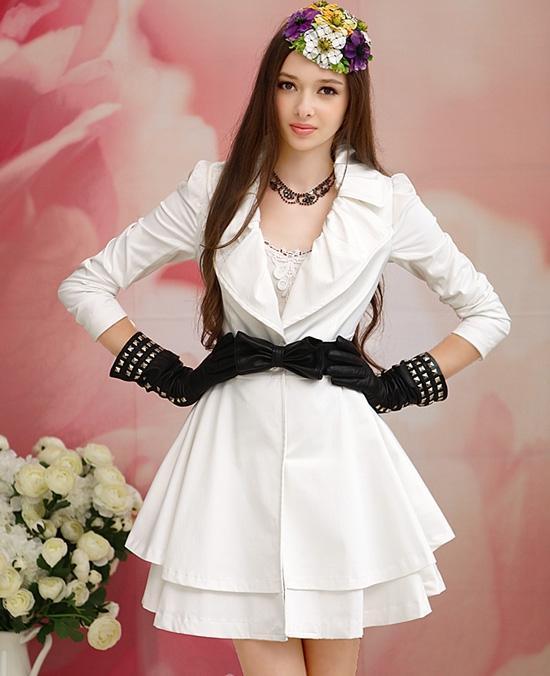 EMS Free shipping Pink large dolls 2012 white large lapel slim waist double layer large skirt long-sleeve trench