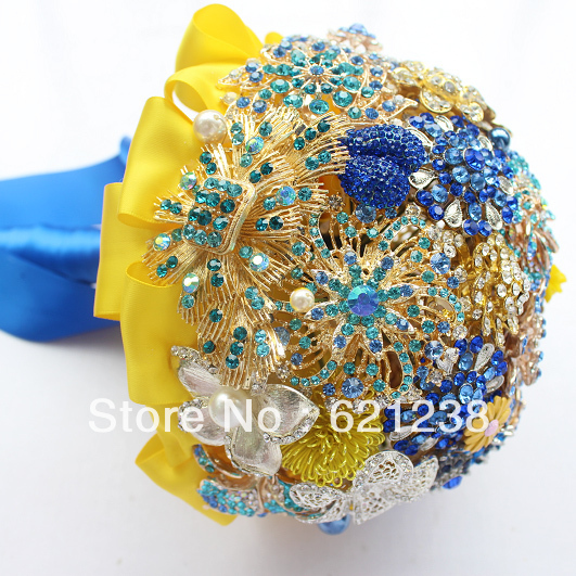EMS free shipping,Red and blue wedding holding flowers / yellow and blue contrasting color bride jewelry bouquet