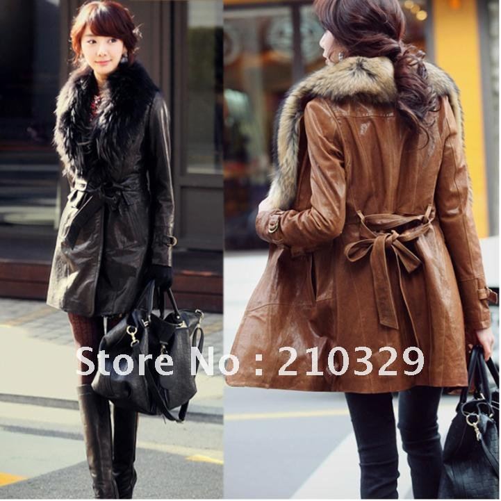 EMS free shipping Women clothing Women Winter New raccoon dog fur collar fashion high quality PU leather coat