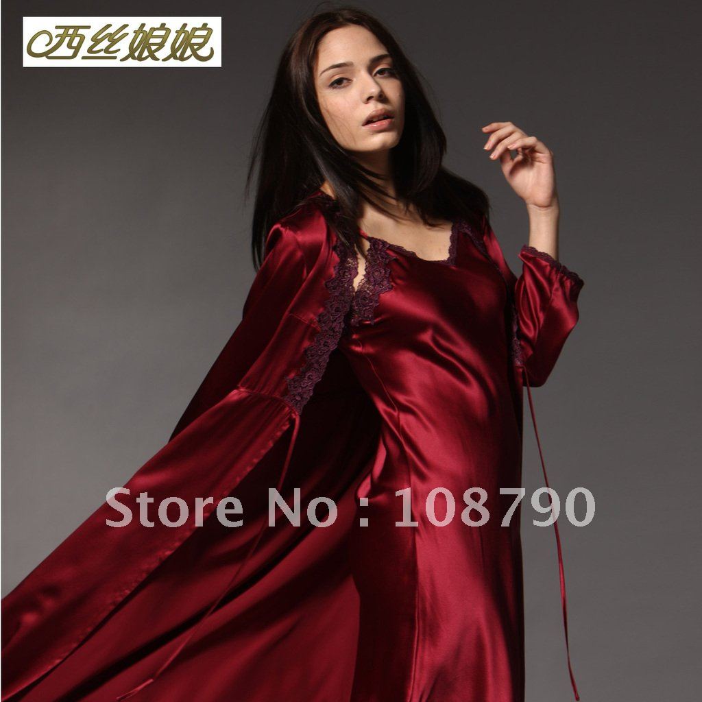 EMS free shipping women's red cutout embroidered silk sleepwear lady robe twinset lounge Robe Sets 9106