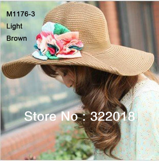 EMS Wholesale  Fashion Women Large Flower Straw Fedora Straw Sun Hats Ladies Fedoras Caps Womens Wide Brim Summer Beach Hat