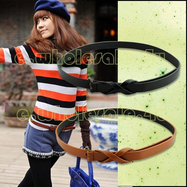 EQ5248 Women Black Brown Faux Leather Buckle Waist Thin Narrow Skinny Belt