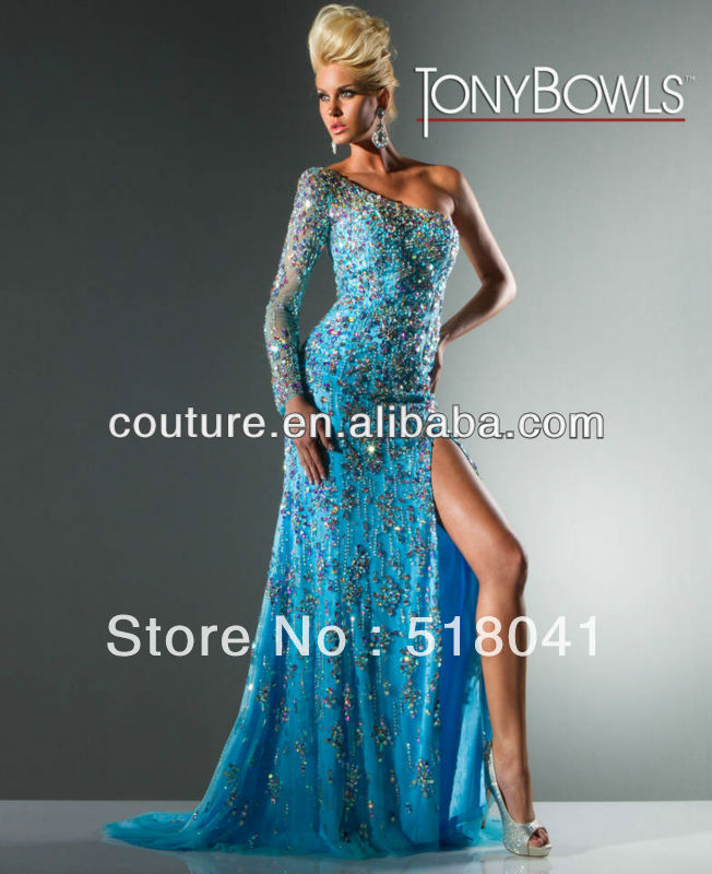 ETT-119 New Arrival Sexy One-shoulder Open Back Beads Crystal Tony Bowls Evening Dress 2013