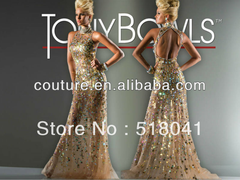 ETT-155 Custom Made Luxurious Sexy A-line Open Back Tony Bowls Diamond Beads Crystal Evening Dress 2013
