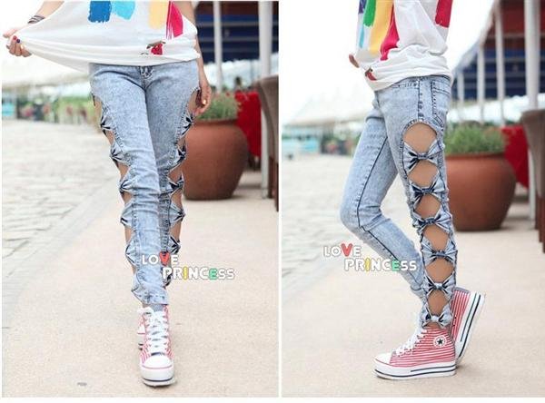 Europe and America Popular women fashion sexy bow hollow out jean pant/free shipping High quality