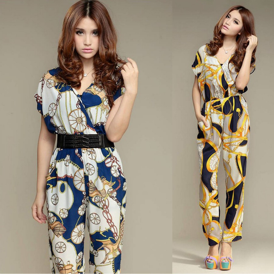 Europe and the United States sexy new fashion  printing jumpsuits &chiffon rompers with belt