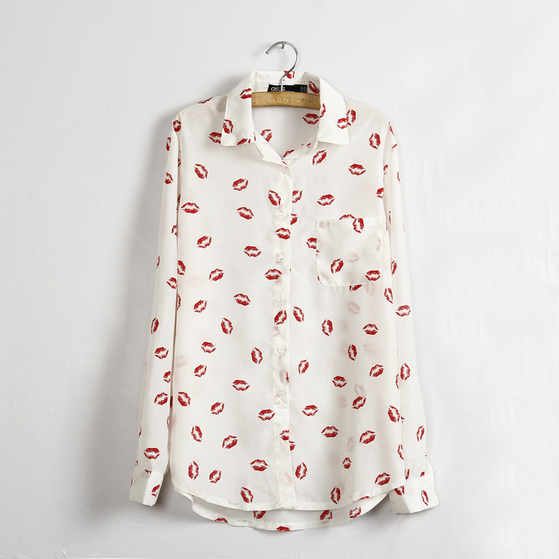 Europe and the United States Women's Wholesale new chiffon shirt lip print long-sleeved lapel long-sleeved blouse 1149