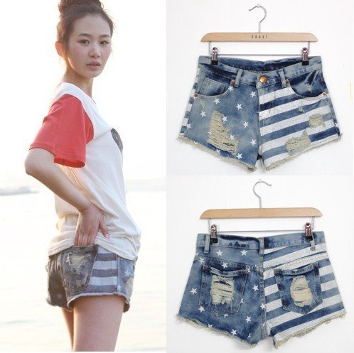 Europe and US flag flash article star style with lower women jeans shorts  hole cowboy pants freeshipping