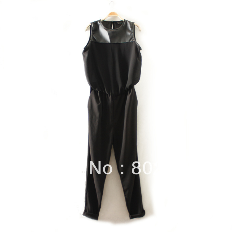 Europe Casual Sleeveless   Women Long trousers Chiffon Playsuit Jumpersuit Rompers Black free shipping