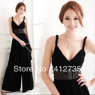 Europe deep V sexy suspenders wide leg pants overalls jumpsuit black long culottes