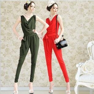 Europe Elegant Pleated Haren Vest Style Jumpsuits Rompers,Qualities Overalls For Women,Red Army-Green Size S-L