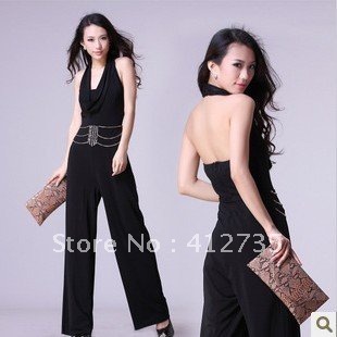 Europe fashion slim halter beading elastic wide leg pants jumpsuit