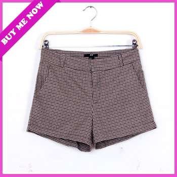 Europe Style Spring Autumn Vintage Brown Plaid Lining Casual Trouser  Women Short Pants 34(S)-36(M)-38(L) Free Shipping