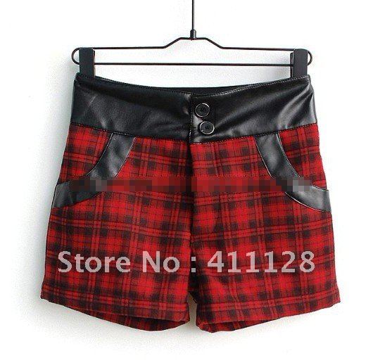 European and American Check waist thin leather stitched woolen shorts