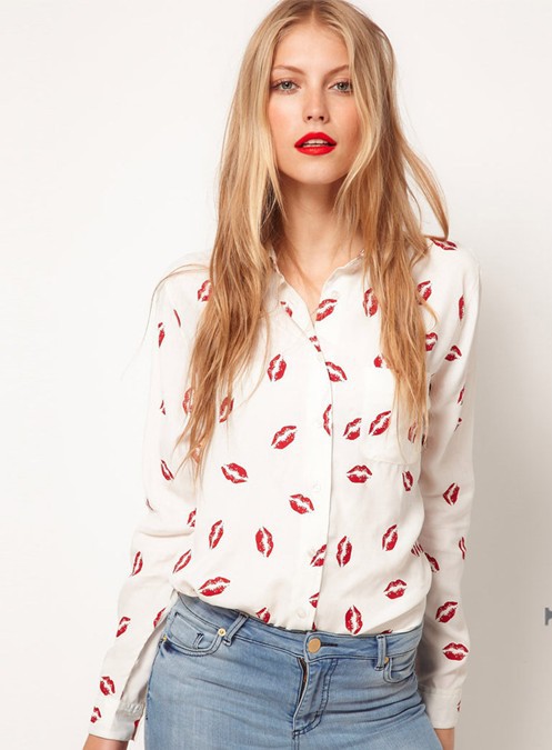 European and American style lip print shirt Women's long-sleeved shirt  free shipping
