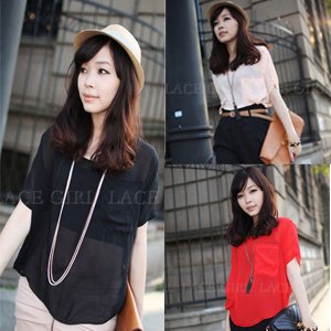 European and American style sexy women's perspective chiffon blouse shirt pure bat short-sleeved loose shirt