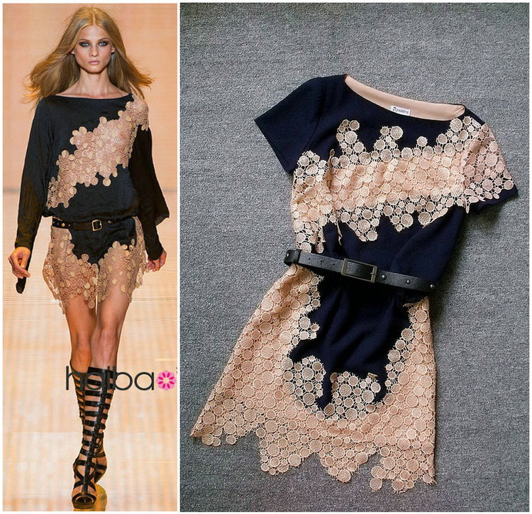 European Fashion Celebrity Dress 2013 Lace Patchwork Slim Dress with belt for woman